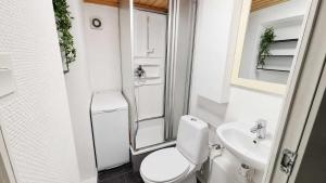 a small bathroom with a toilet and a sink at Klaksvik Mountain View Stay in Klaksvík