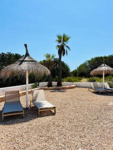 two lounge chairs and umbrellas on a beach at Can Chumbera Formentera in Cala Saona