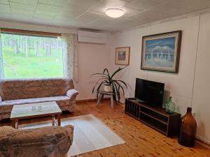 a living room with a couch and a television at Hirsipirtti in Inari +11 photos