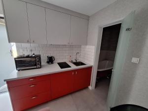 a kitchen with red cabinets and a microwave at Domek Za Wyspą 3 in Chmielów