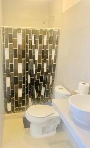 a bathroom with a sink and a toilet and a shower at Studio Cangrejos in Los Médanos Partidos