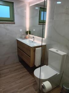 a bathroom with a toilet and a sink and a mirror at Abrigo da Serra - Soajo Mountain Lodge in Adrão +56 photos