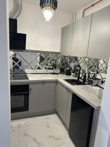 a kitchen with white cabinets and black appliances at Imperial Apartament in Gniezno
