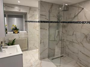 a bathroom with a glass shower and a sink at Eliasar1 in Linz