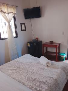 a bedroom with a bed and a television on the wall at Hostal familiar Shambala in Silos