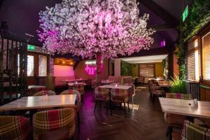 a restaurant with tables and a large tree with pink flowers at 20 The Green, Lilliardsedge in Jedburgh