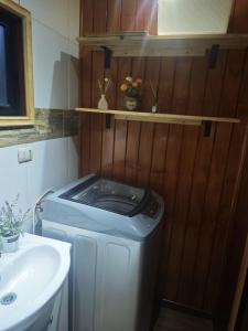 a washing machine in a bathroom next to a sink at Mary y Luis in Coihaique