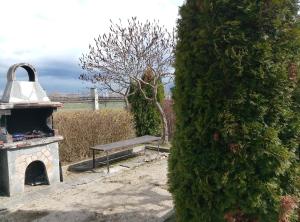 a large green bush next to a bench and a fireplace at Mountain Nest Pirin in Razlog +4 photos