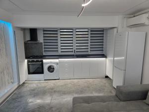 a kitchen with a refrigerator and a washing machine at Sky luxury apartment in Giurgiu