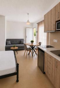 a kitchen and living room with a couch and a table at Musses apartment 1 Modern Studio with Free Parking in Limín Khersonísou