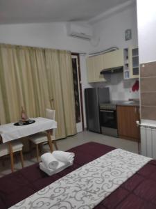 a small kitchen with a table and a bed in a room at Studio apartman Bari in Buzet