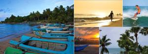 a group of four pictures of a beach with boats at Pearl Resort in Arugam Bay