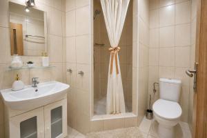 a bathroom with a toilet and a sink and a shower at Vila Harmónia in Turčianske Teplice +51 photos