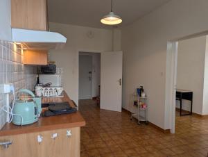 a kitchen with a counter top and a stove top oven at Appartement du parc in Ambert