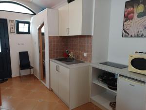 a kitchen with white cabinets and a sink and a microwave at Appartement DODO Monténégro in Topla