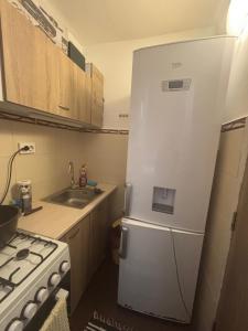 ein weißer Kühlschrank in einer Küche mit Herd in der Unterkunft MiMa Home in Roman