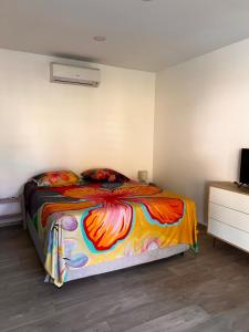 a bedroom with a bed with a colorful blanket at Tahiti Green Lodge in Punaauia