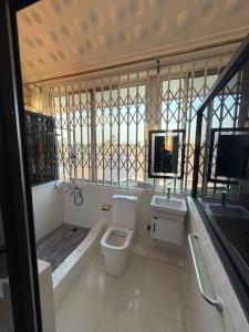 a bathroom with a toilet and a sink and a tv at Nyaniba Villa in Accra