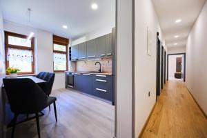 a kitchen with blue cabinets and a table and chairs at Luče Holiday Apartment in Luče +6 photos
