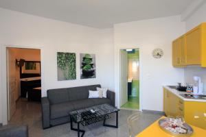 a living room with a couch and a kitchen at Stegadi Apartments Sikinos in Sikinos