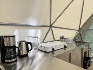 a counter with a blender and a toaster on it at Dôme en forêt in Saint-Just +11 photos