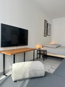 a living room with a large flat screen tv at Charmant studio in Plailly