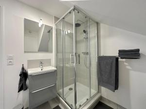 a bathroom with a glass shower and a sink at Charmant studio in Plailly