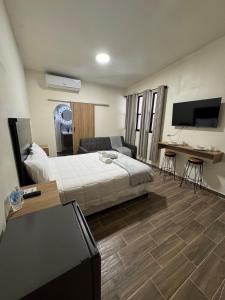 ein Schlafzimmer mit Bett, Schreibtisch und Fernseher in der Unterkunft Casa Arce in Hermosillo