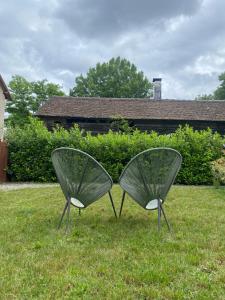 two green chairs sitting in the grass in a yard at Loft au château in Thonon-les-Bains