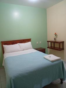 a bedroom with a large bed with a blue blanket at Hotel del angelinn in Martínez de La Torre