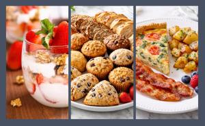 four pictures of different types of food on plates at Brickhaven Inn & Hotel in South Bend