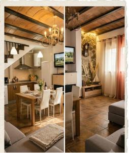 two images of a kitchen and a dining room with a table at Apartamentos Casas Rurales "Paraje San Blas" TR-BA-00166 in Alburquerque