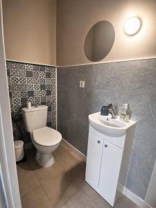 a bathroom with a toilet and a sink and a mirror at Ambre in Bény