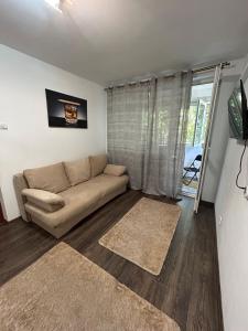a living room with a couch and a window at Apartament The Infinity Nest in Târgu Jiu