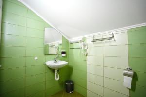 a green bathroom with a sink and a mirror at D apartmani in Sremska Kamenica +31 photos