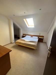 a bedroom with a large bed with a skylight at Vila Rosa Maria in Mangalia