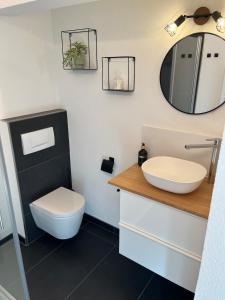 a bathroom with a toilet and a sink and a mirror at Stylish & modern Flat with large Sun Balcony in Bad Peterstal