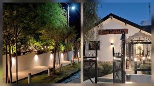 two pictures of a building with a gate and trees at Rio Cabañas in Huerta Grande