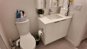 a bathroom with a white toilet and a sink at Cozy 1 bed executive suit in Surrey +18 photos