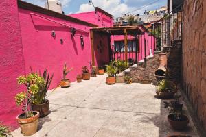 a pink building with potted plants on a sidewalk at Casa Manzanos in Guanajuato