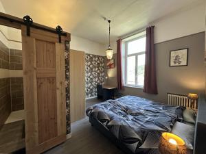a bedroom with a bed and a shower and a door at La Tulipe in Vireux-Molhain