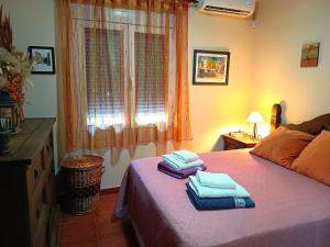 a bedroom with towels on a bed with a window at Casa Rural Dani. Escalona in Toledo