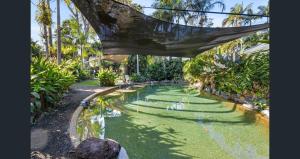 a pond in a garden with a net over it at Stylish Tropical Villa with Lagoon Pool in Port Douglas