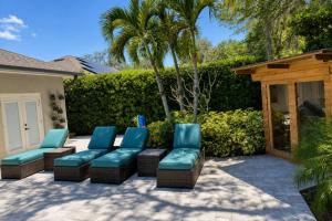 a patio with four blue chairs and a palm tree at The Riverview Estates in Riverview