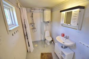 a bathroom with a sink and a toilet and a mirror at "Haus Sjöholmen" in Vetlanda +22 photos
