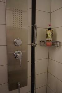 a shower with a glass door and a bottle on a shelf at Apart Landhaus Zangerl in See