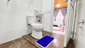 a bathroom with a toilet with a blue floor mat at Urban House in Florencia +10 photos