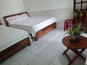 a bedroom with two beds and a table with a potted plant at Tam hien ho in Tân Hiệp
