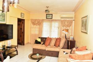 a living room with a couch and a tv at Embassy Royale in Kingston