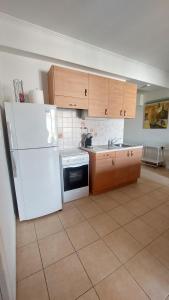 a kitchen with a white refrigerator and wooden cabinets at Giannos Apartments in Agia Effimia +18 photos
